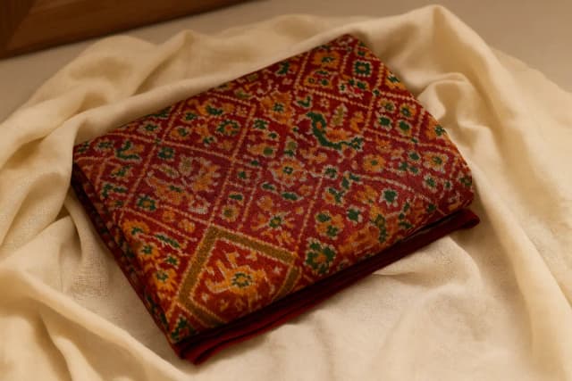 A handwoven Patola outfit elegantly folded in muslin cloth, showcasing vibrant double ikat patterns and fine silk craftsmanship.