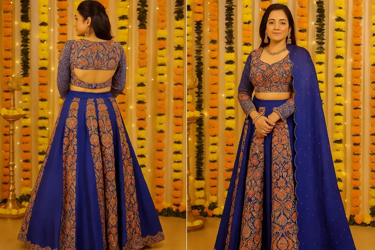 A woman wearing a richly designed Patola outfit in vibrant colours, showcasing detailed motifs and traditional double ikat weaving, set against a festive backdrop.