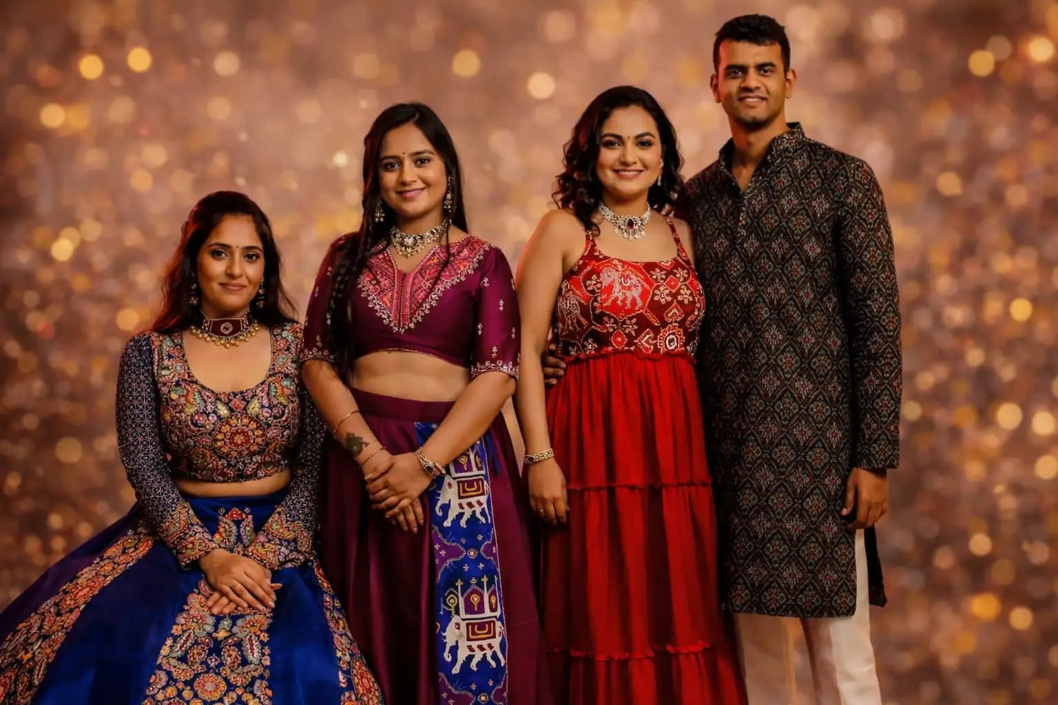 Modern Patola outfits showcasing handwoven Indian silk in Indo Western silhouettes, blending traditional double ikat craftsmanship with contemporary festive fashion.