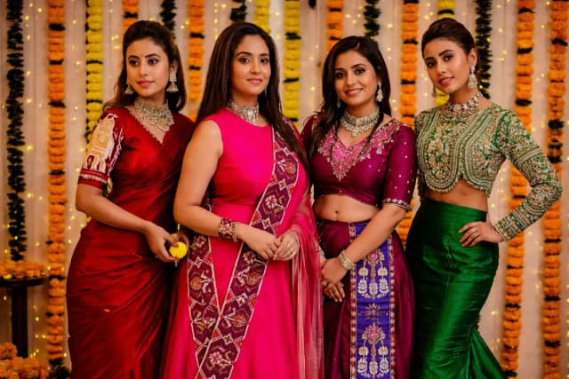 Handwoven Patola outfits styled for weddings and festive celebrations, featuring traditional silk sarees and modern Indo Western silhouettes with intricate double ikat motifs.